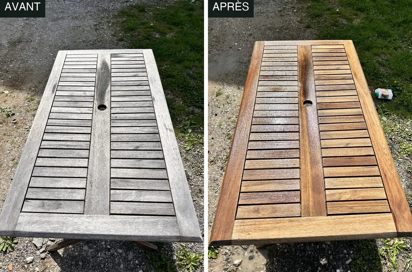 Dégrisage d’une table de jardin en teck en Haute-Savoie, photo avant et après