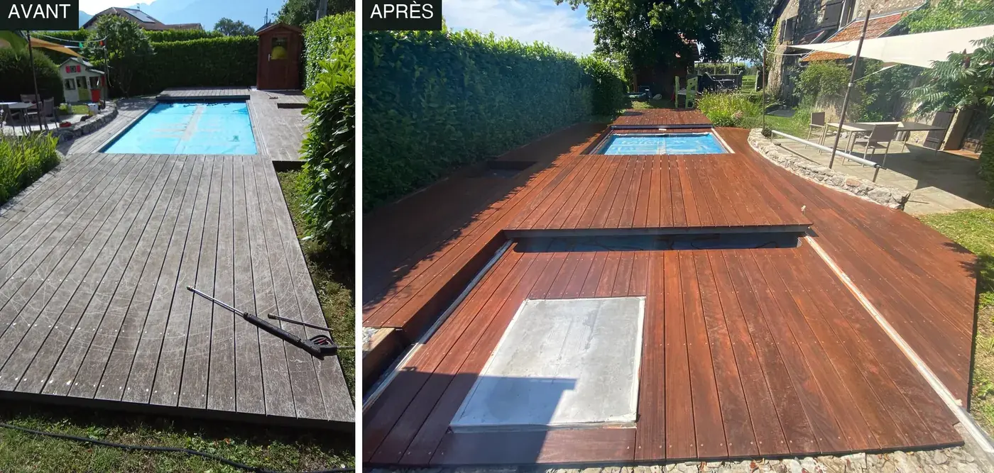 Dégrisage d’une terrasse en bois autour d’une piscine en Haute-Savoie, photo avant et après
