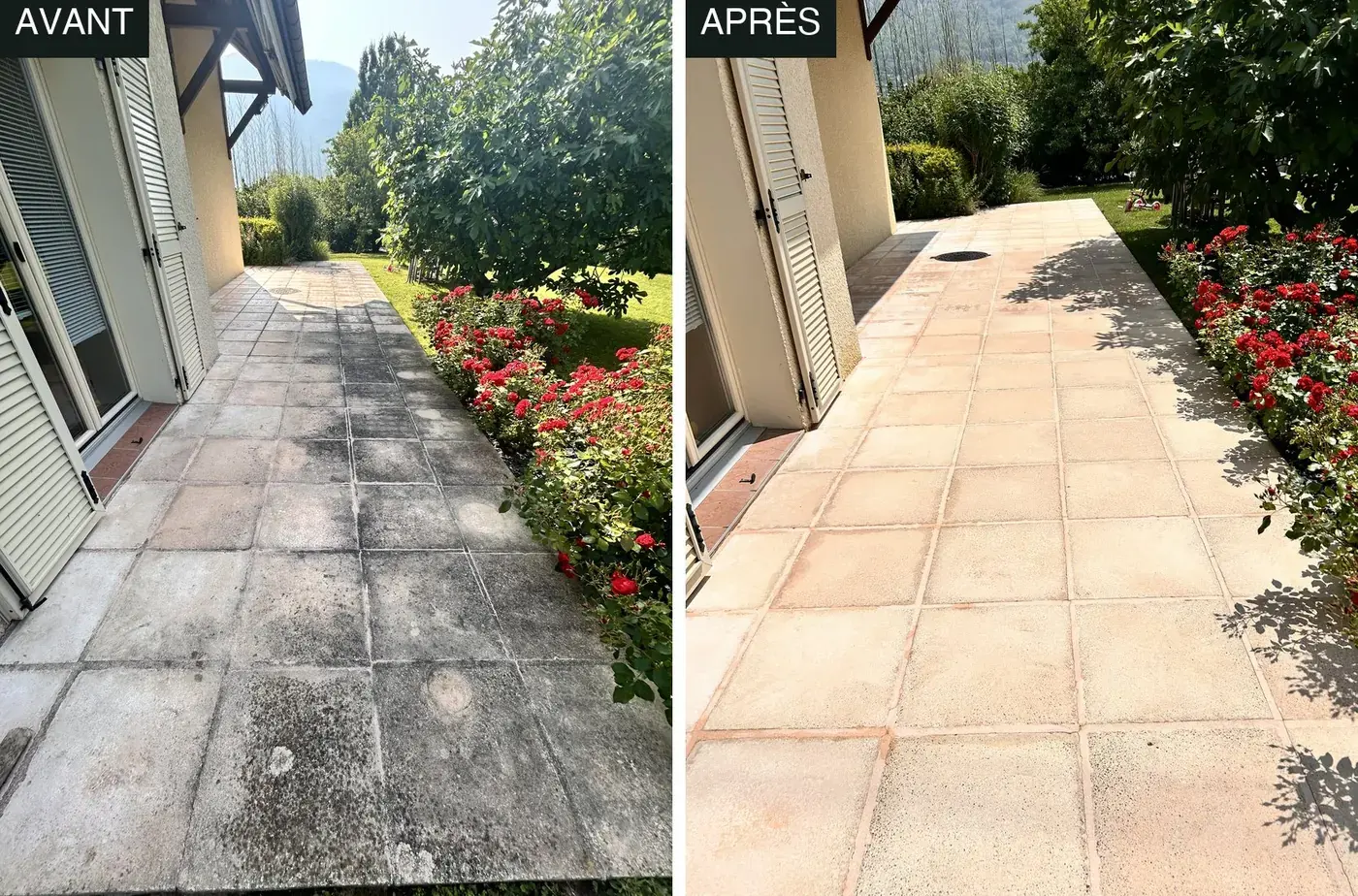 Nettoyage de dalles de terrasse de jardin en Haute-Savoie, photo avant et après