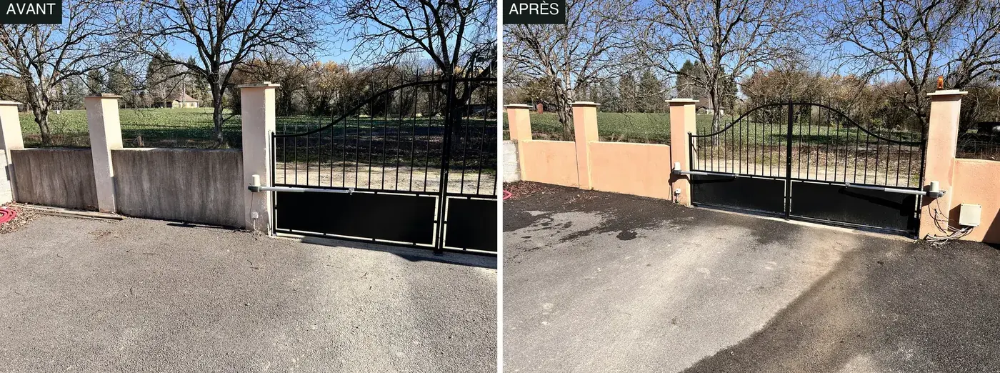 Nettoyage d’un muret de clôture et d’un portail en Haute-Savoie, photo avant et après