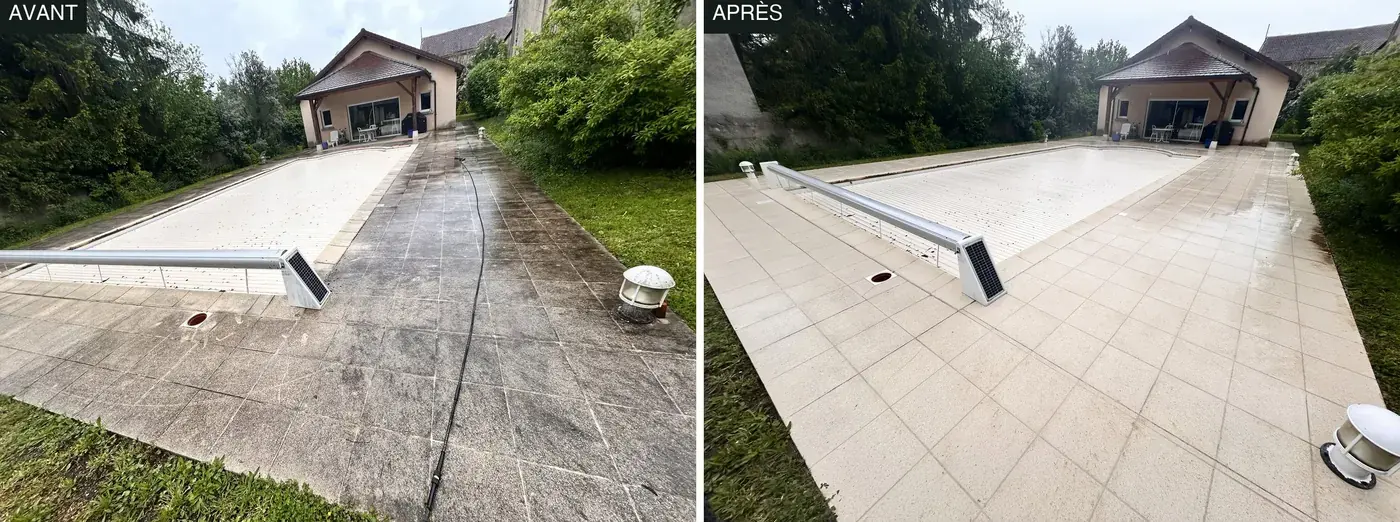 Nettoyage d’une plage de piscine en dalles en Haute-Savoie, photo avant et après