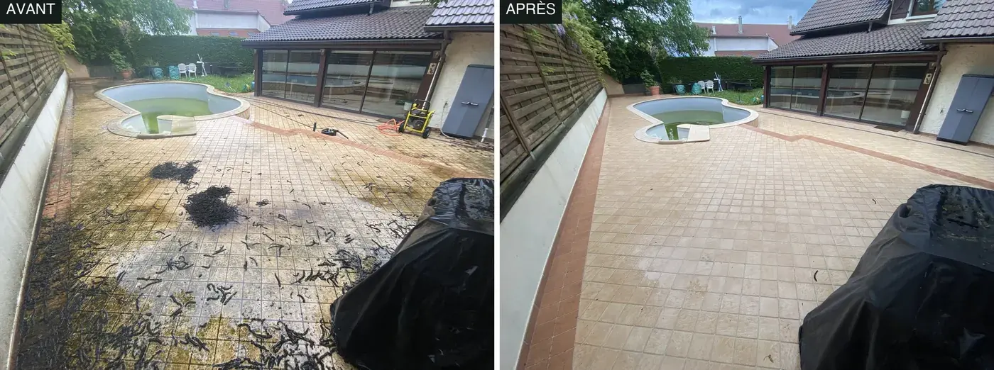 Nettoyage d’une terrasse carrelée autour d’une piscine en Haute-Savoie, photo avant et après